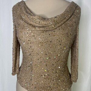 Adrianna Pappel Occasions Gold Sequined Beaded Silk Top Cowl Neck Size 12